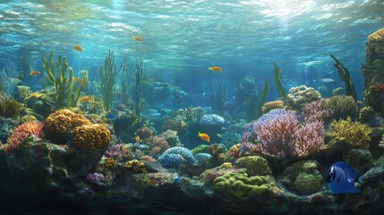 Fototapeta premium Vibrant underwater scene with colorful coral and various fish species swimming.