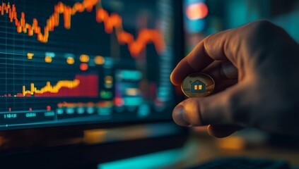 Hand holding crypto house token over stock market graph