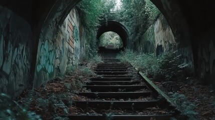 Fototapeta premium A view of overgrown stairs leading to a dark tunnel, surrounded by graffiti and foliage.