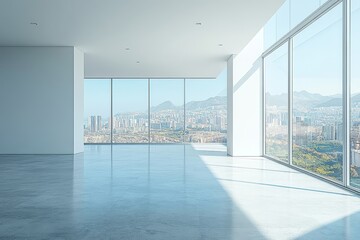 Fototapeta premium Minimalist Modern Office with City View and Sunlight Streaming Through Large Windows. White Walls, Concrete Floor, Realistic High-Resolution Stock Photograph.