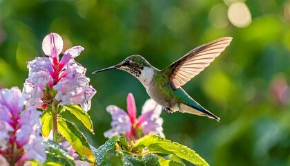 Fototapeta premium Capturing the Graceful Flight of a Hummingbird Hovering Near a Blooming Flower with Dew Drops Glistening in the Morning Light