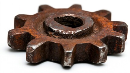 Close Up Single Rusty Metal Gear With Chipped Edges on White Background