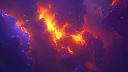 Obraz premium Fiery orange and purple clouds collide in a vibrant, cosmic landscape. Glowing embers and starlight illuminate the dramatic scene, creating a surreal and captivating image.