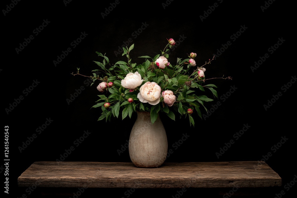 Wall mural A vase of flowers sits on a wooden shelf