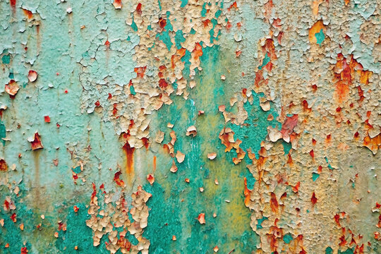 Peeling teal paint, rusty metal texture, outdoor, weathered background, design