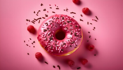 Hole Raspberry Donut with Chocolate Sprinkles on Pink Background Isolated
