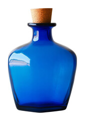 blue glass bottle with cork stopper on transparent background, minimalist design concept