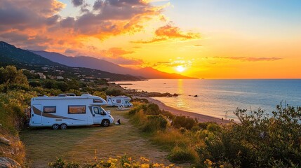 Scenic sunset view over a beach with camper vans parked nearby.