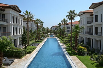 Fototapeta premium Swimming pool and surrounding garden area with palm trees and white buildings in Antalya, Turkey. Residential complex with five-story blocks and marble flooring.
