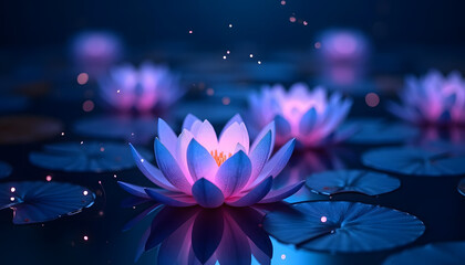 Blue and pink lotus flower blooms on a dark pond.