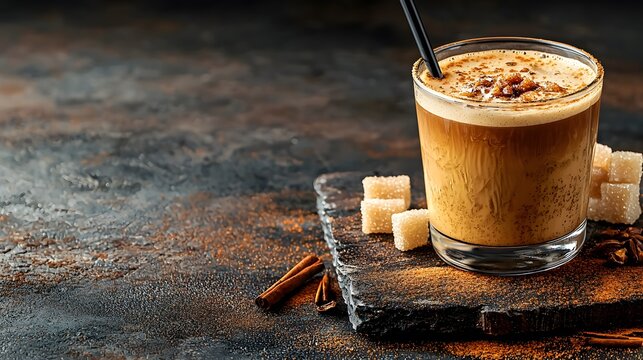 Glass of coffee with cinnamon sticks and iced maple brown sugar latte on wooden table