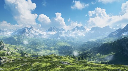 Naklejka premium Majestic Alpine mountain range, sunny day, green valley, postcard scenic view