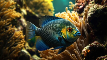 Obraz premium A colorful fish swimming among vibrant coral reefs.