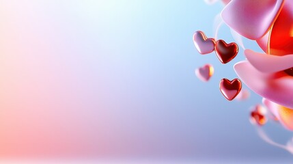 Red hearts float amidst pastel pink and blue