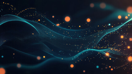 Fototapeta premium Abstract futuristic background with glowing waves and dots, in dark blue, green, and orange colors