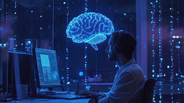 Man working late, AI brain concept, office background, technology