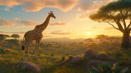Obraz premium Stunning safari scene featuring a giraffe under a colorful evening sky