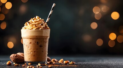 Glass of coffee with spoon and iced hazelnut almond butter frappuccino on wooden table