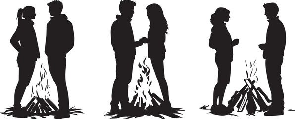 Silhouette of a couple standing in front of a bonfire vector silhouette