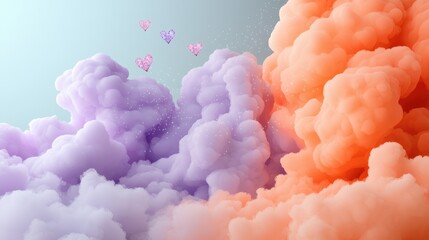 Fototapeta premium Lavender and Peach Cloudscape with Glittery Hearts