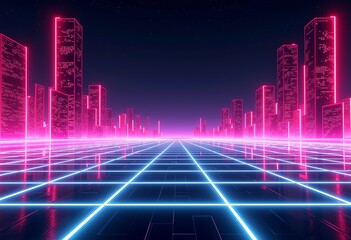80s Retro Synthwave Template - Customizable Dark Text Area on a Glowing Digital Grid Background with Light Gradient, Perfect for Graphic Design Projects.

