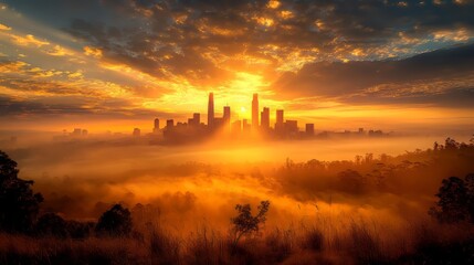 Naklejka premium Golden sunrise over a city skyline shrouded in mist and clouds.