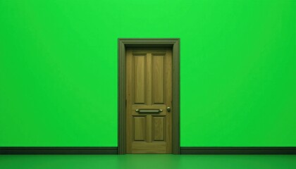 Wooden Door Against Vibrant Green Wall Background