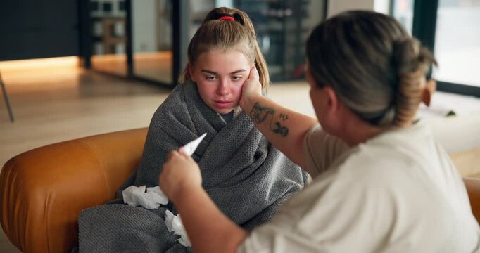 Mom, girl and thermometer for fever on sofa with blanket, touch or check reading for health in lounge. Kid, mother and daughter with medical tools for assessment, healing or recovery at family house