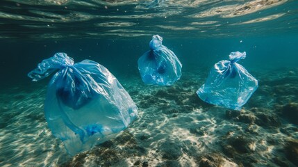 Fototapeta premium Jellyfish made of blue plastic bags float in the sea