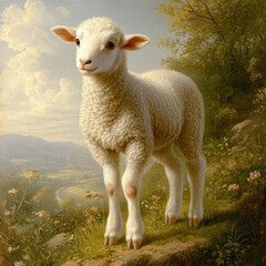 cute white lamb standing on a sunny lawn with greenery and flowers 