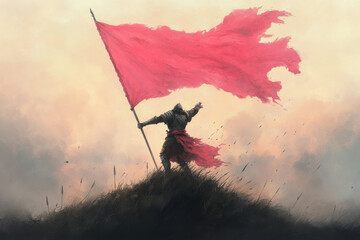 A man holding a red flag in the air