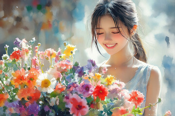 Naklejka premium a young girl with long dark hair, smiling happily, looking at a bright bouquet of flowers. 
