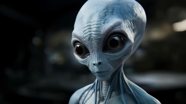 Realistic 3d alien creature with large black eyes in dark environment. Extraterrestrial being visualization for science fiction movie or game concept. Close up portrait