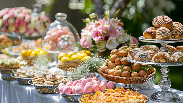 Elegant outdoor dessert buffet with pastries and fresh floral arrangements. Easter table, branch, catering, decoration, celebration