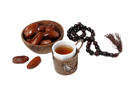 PNG, Ramadan.Dried dates with rosary beads and a cup of tea, isolated on a white background.
