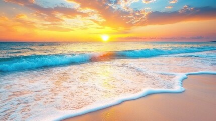 Serene sunset over a tranquil beach with gentle waves lapping at the shore