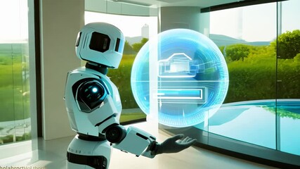 Futuristic robot engages with holographic interface in modern smart home environment - Powered by Adobe
