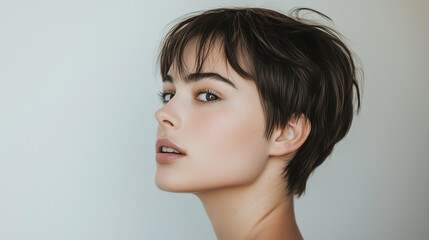 ダークヘアでショートヘアの透明感のある女性の横顔