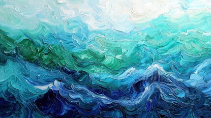 Abstract Ocean Waves Painting: Teal, Blue, and Green Hues