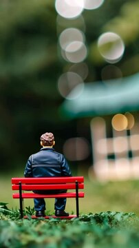 Small figure sitting on a red bench in a serene park during a sunny afternoon