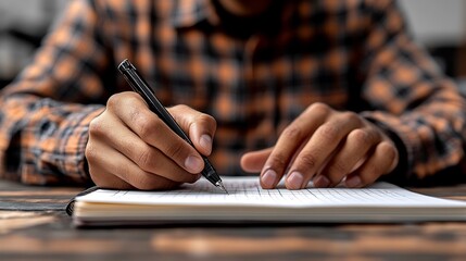 Detailed stock photo of a man writing notes on a notebook isolated on a transparent background ideal for productivity and planning content