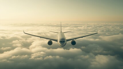 Obraz premium Aerial View of Commercial Airplane Flying Above Soft Cloud Layer During Sunrise, Capturing Tranquil Atmosphere and Travel Experience in Open Sky