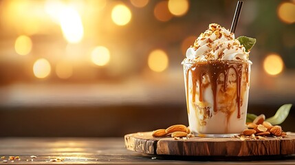 Iced coconut almond caramel frappuccino served in a glass with ice and a spoon for mixing