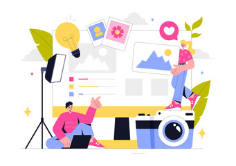 Photography Vector Illustration Featuring a Camera and Equipment for Capturing Travel, Tourism, Adventure, and Memories in a Flat Style Background