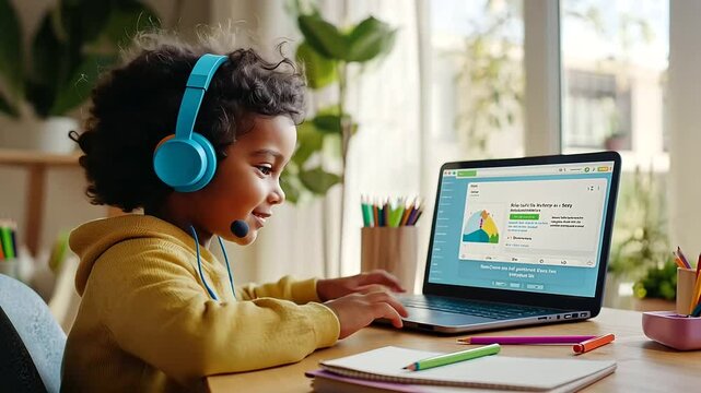 A child actively participating in educational activities at a comfortable home workspace.