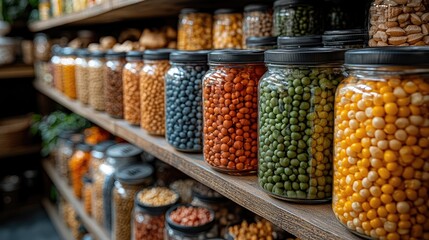Obraz premium Colorful jars filled with various legumes arranged on wooden shelves in a cozy market setting