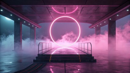 Futuristic background concept, Neon-lit space with fog and circular structures