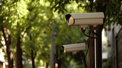 Security cameras on street, leafy background, city surveillance