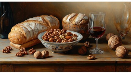 Rustic still life featuring bread, nuts, and wine.