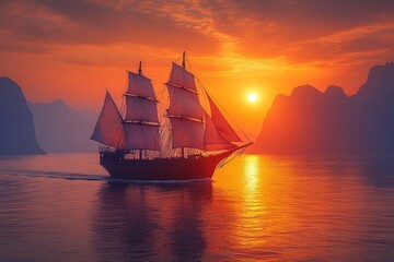 Obraz premium Chinese Junk Ship with White Sails on the Sea at Golden Sunset. Silhouette of Mountains in Distance, Colorful Sky, Realistic Photography with Backlighting and Elegant Movements.
